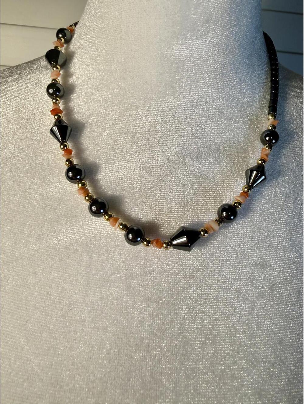 Vintage Hematite & Carnelian Agate Beaded Necklace Gunmetal Gold Tone Boho